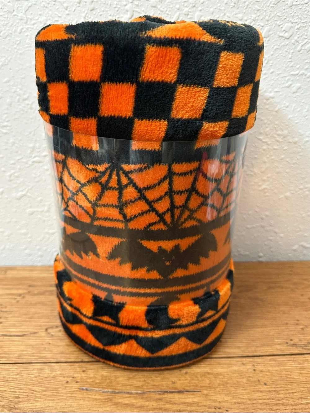 The Big One Orange & Black Checker Plush Throw with bats and cats